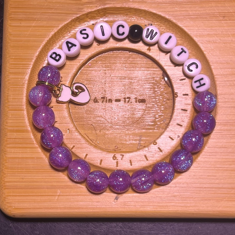 Halloween Bracelet. Handmade. BASIC WITCH. with white cat charm.